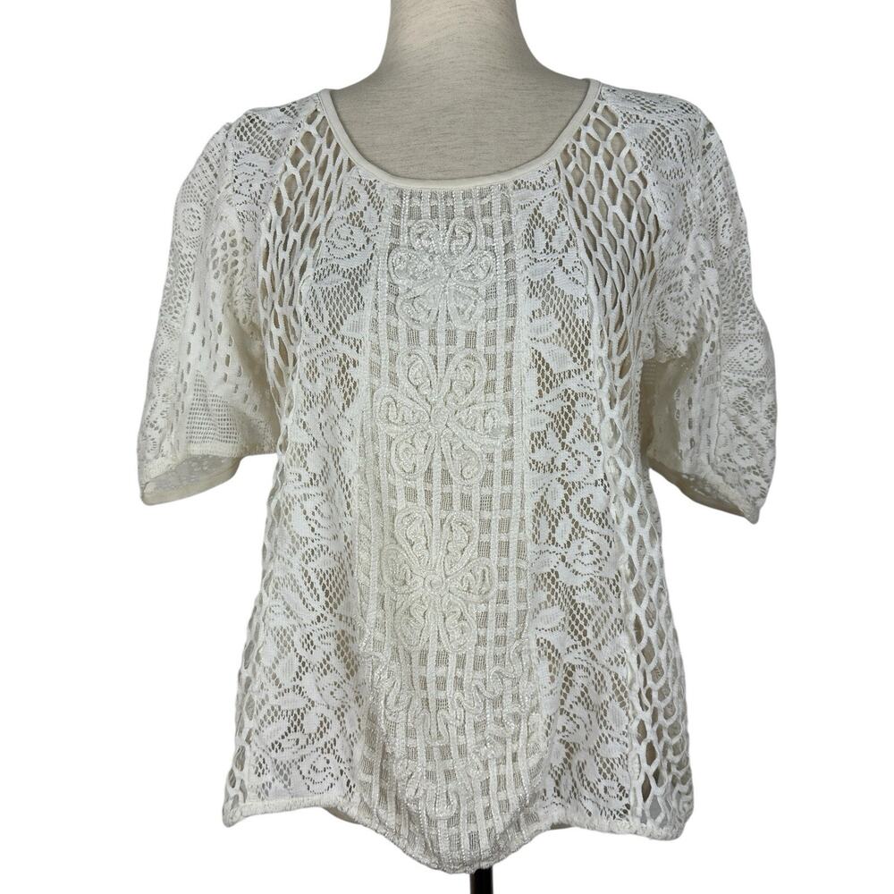 Anthropologie Meadow Rue Top Women Large Cream Lace Linen Blend Boho Floral